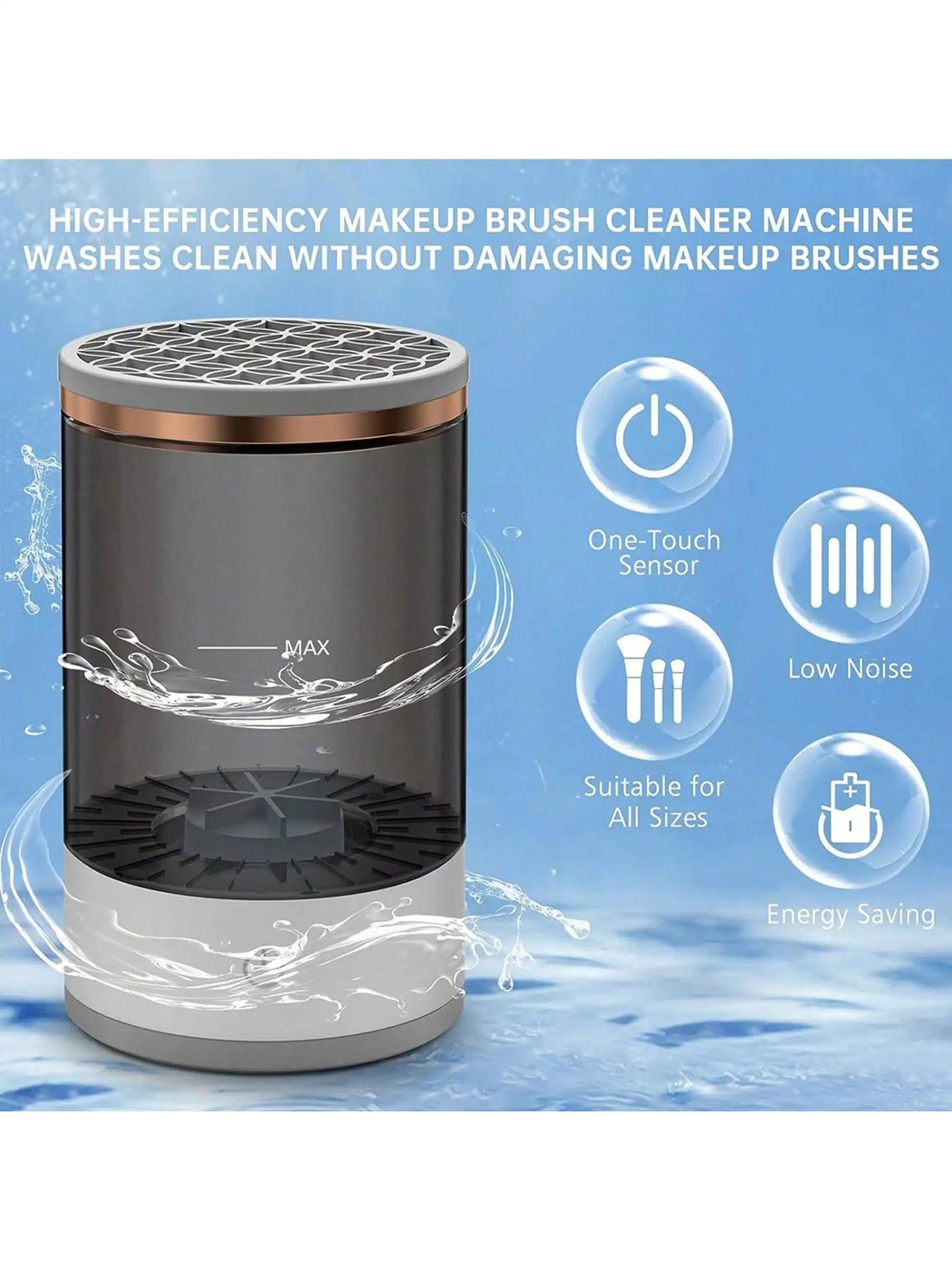 Electric Makeup Brush Cleaner device showing features like one-touch sensor and energy-saving design.