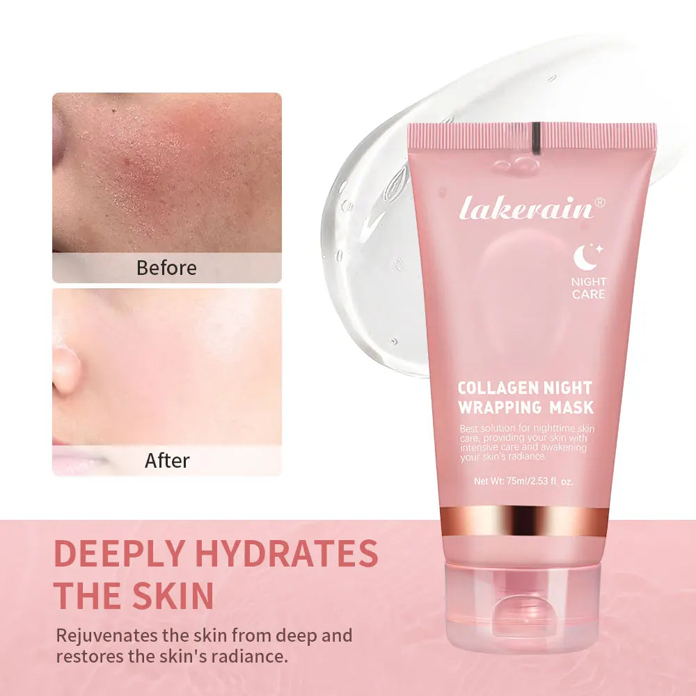 Korean Collagen Face Mask in a tube with before and after skin hydration results, emphasizing deep hydration.