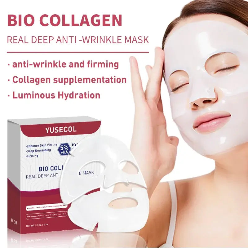 Korean Collagen Face Mask packaging and model showing deep hydration and brightening treatment for skin.
