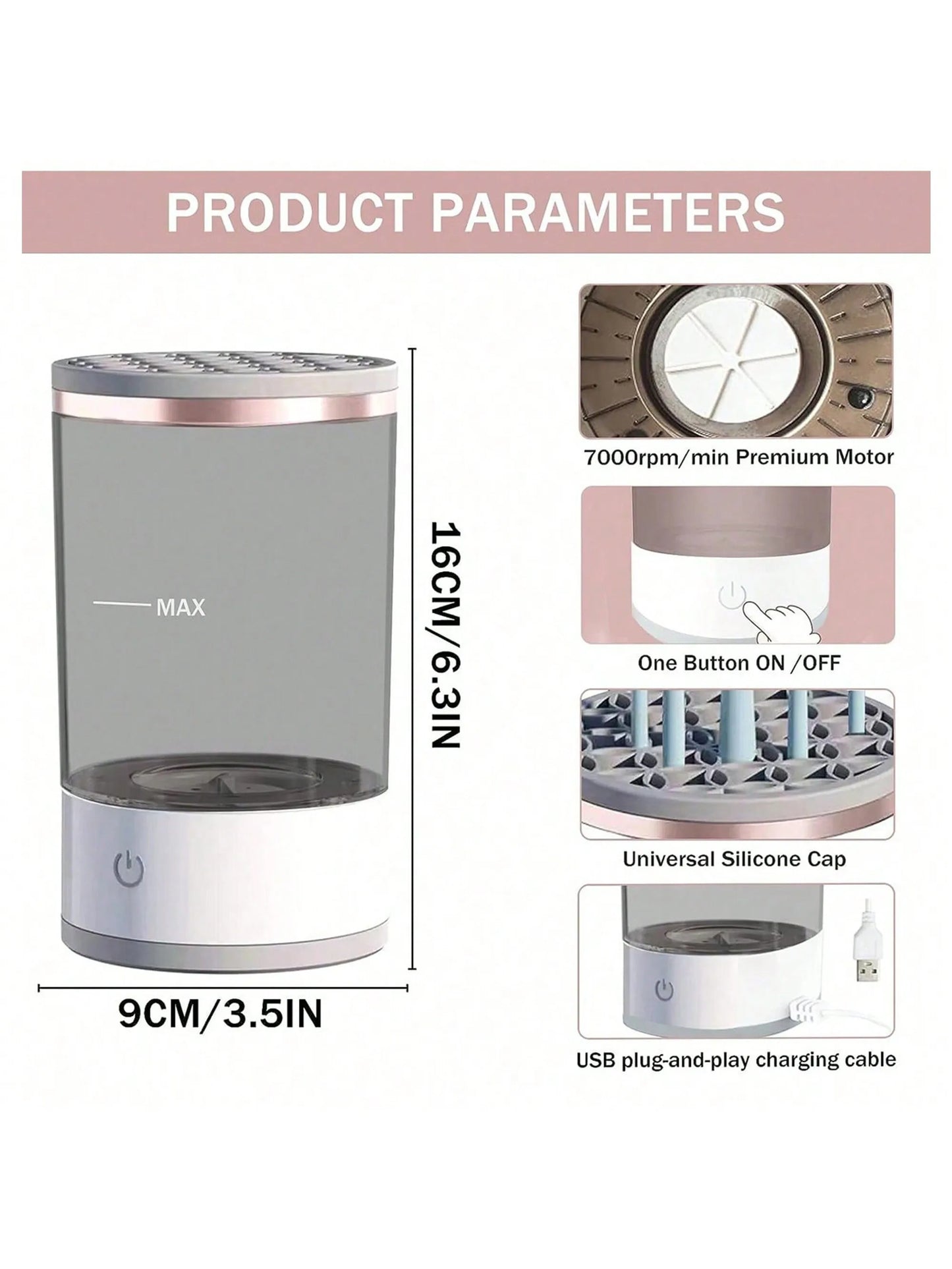 Electric Makeup Brush Cleaner featuring product parameters and design specifications including motor speed and USB charging.