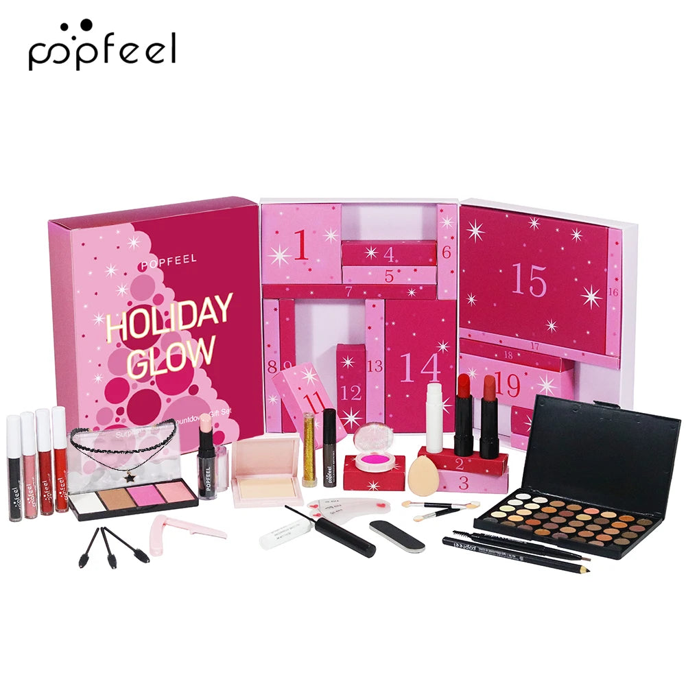 Beauty advent calendar box with assorted POPFEEL cosmetics