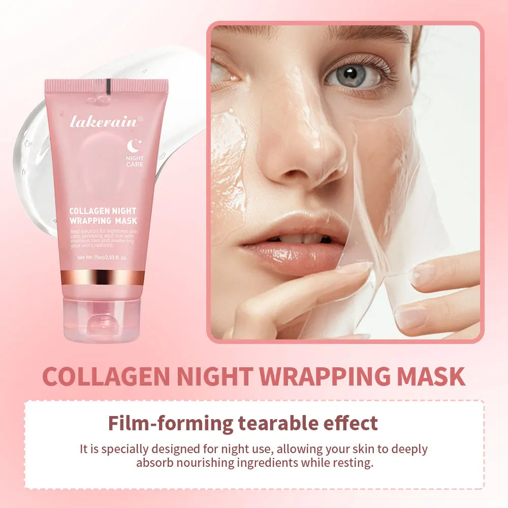 Korean Collagen Face Mask peel-off treatment for lifting and anti-wrinkle care in a tube with a model applying it.
