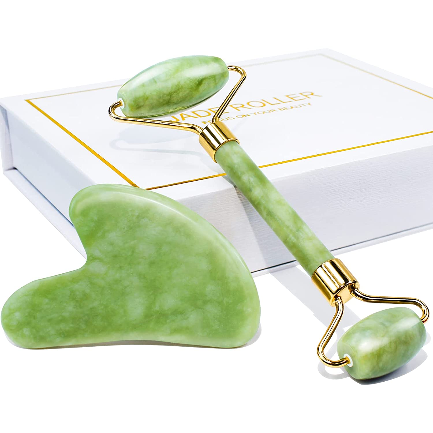 Jade roller and gua sha set for anti aging skincare